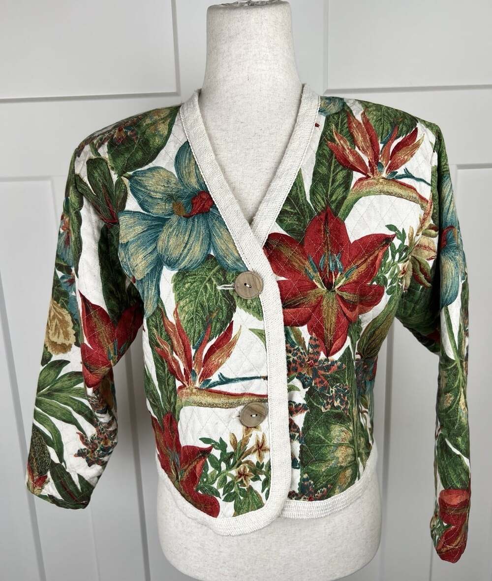 Vintage Outta the Bag Unge-Potch-Ket Quilted Tapestry Jacket Tropical Cropped S